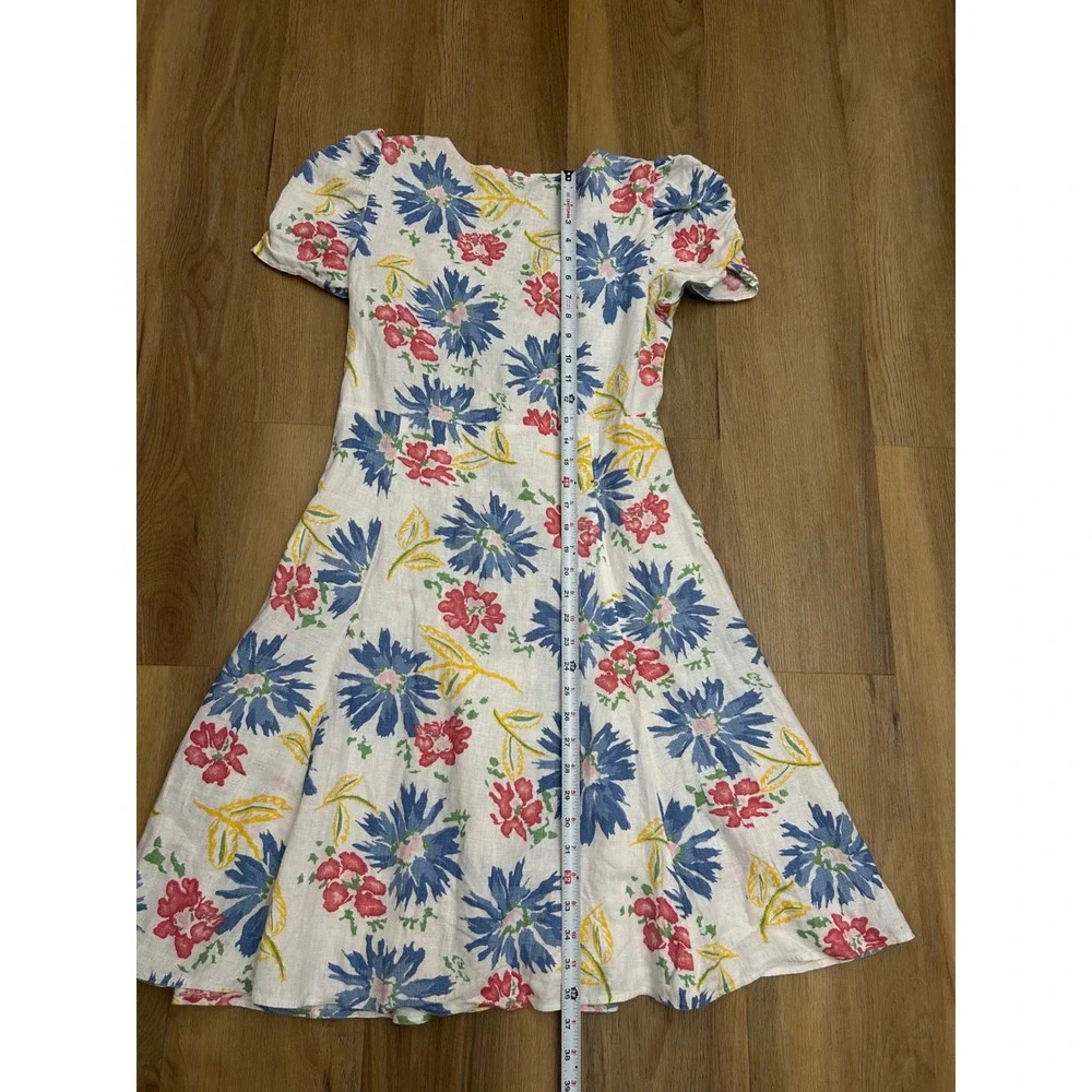 Polo Ralph Lauren Floral Linen Button Front Puff Sleeve Dress White Blue 6 - Picture 8 of 8
